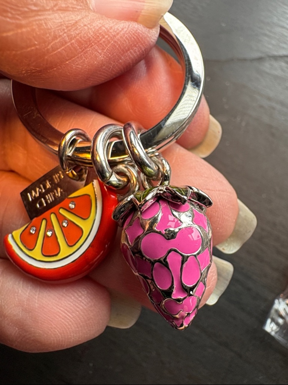 Coach Pink Strawberry & Orange Slice Enamel Charm Key Ring - Picture 2 of 6